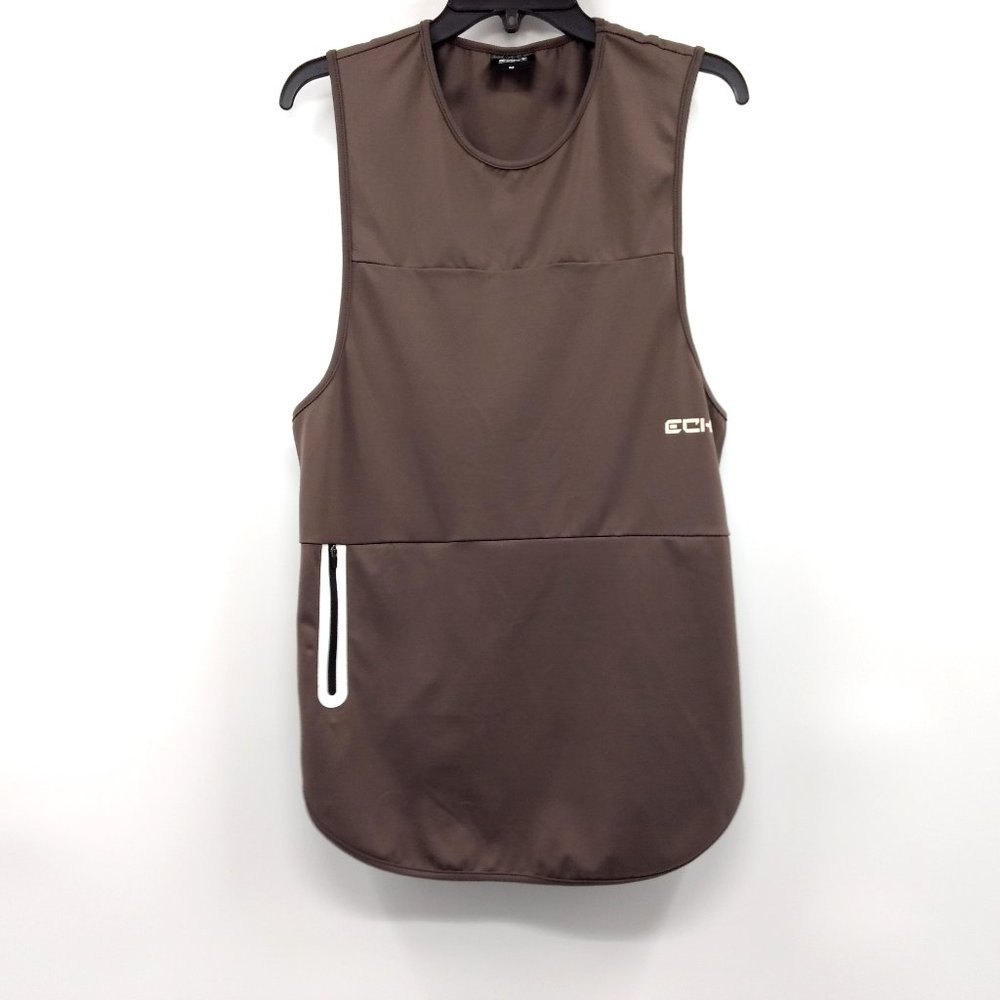 ECHT Tank Men's M Brown Muscle Fit Scoop Neck‎ Pocket Round Hem Logo Pullover